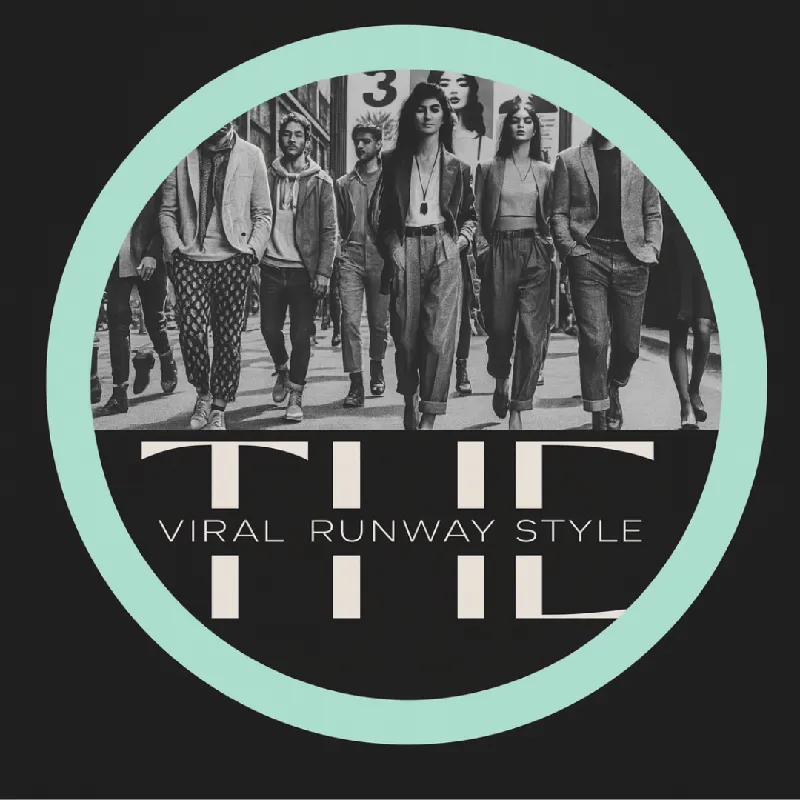 TVRS social media logo – mint green circle with bold text and runway model background in black and white